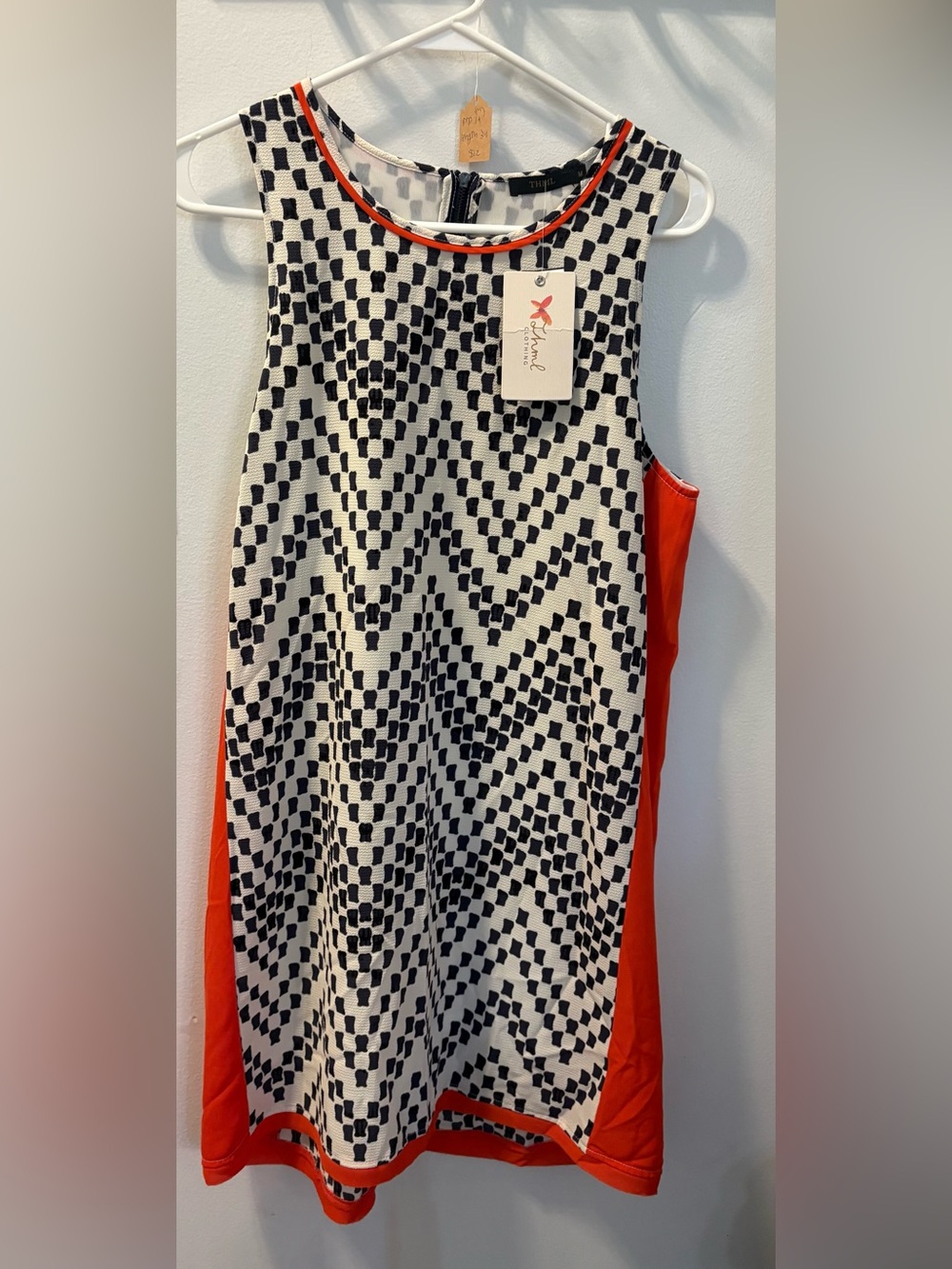Anthropologie THML Black & White Geometric Dress with Red Trim